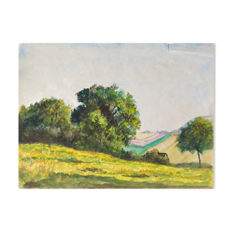 Watercolor painting "hilly and wooded plain" 20th century school