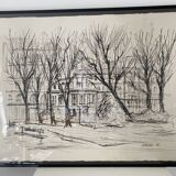 Dessin fusain sur papier vélin "HAUVILLE 90" Banc dans un parc