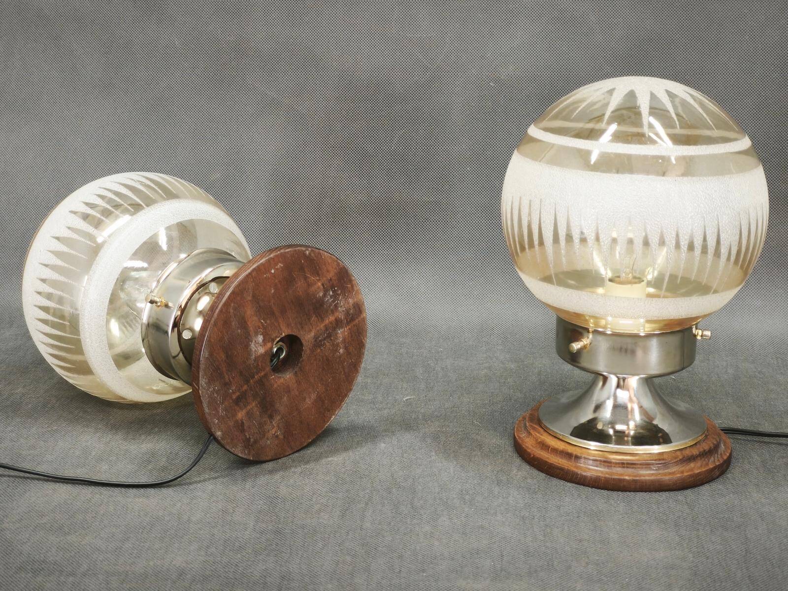 Pair of Italian Etched Glass, Chrome and Wood Table Lamps, 1950s