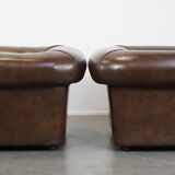 Set of 2 Large Dark Cowhide Leather Chesterfield Armchairs