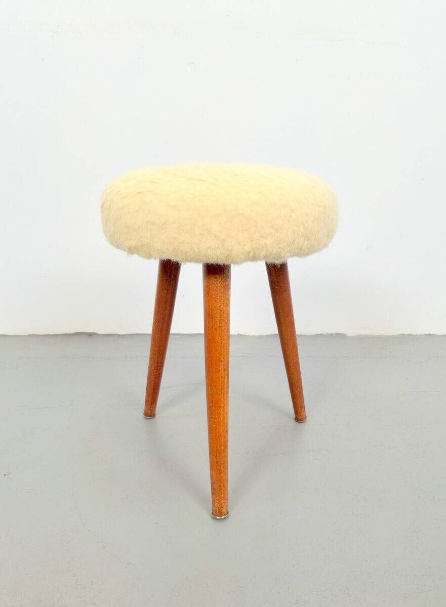Vintage Swedish Three Legged Sheepskin Stool, 1970