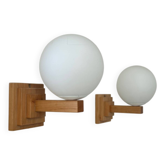 Pair of vintage wall lights, oak and opaline, France 1960