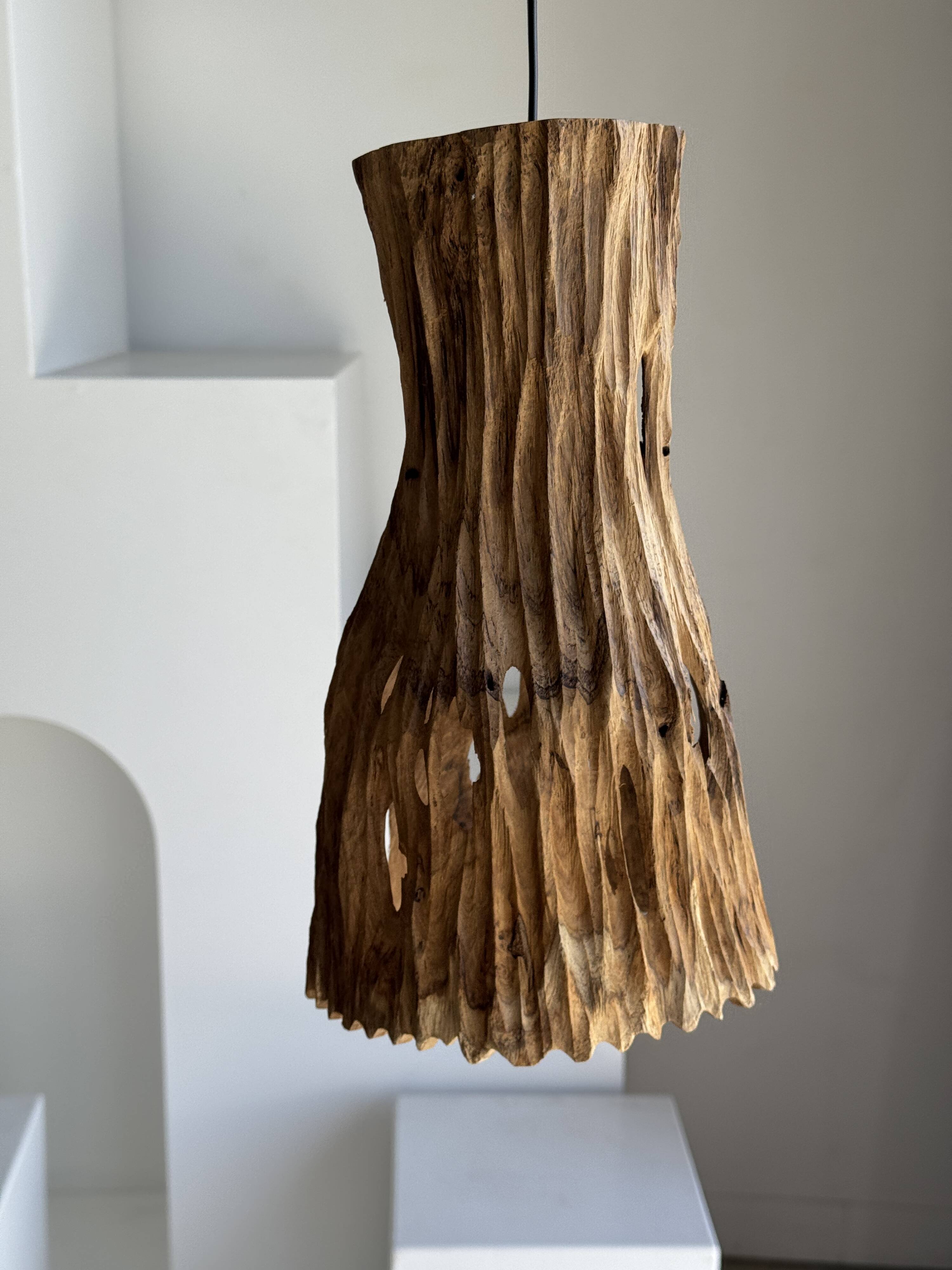 Suspension or lampshade in natural organic teak, tubular, H30 D22.