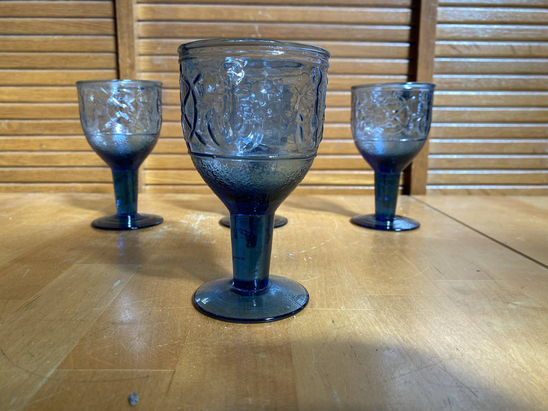 Set of 4 Stemmed Glasses Moulded Blue Marine Decor 1960s Vintage