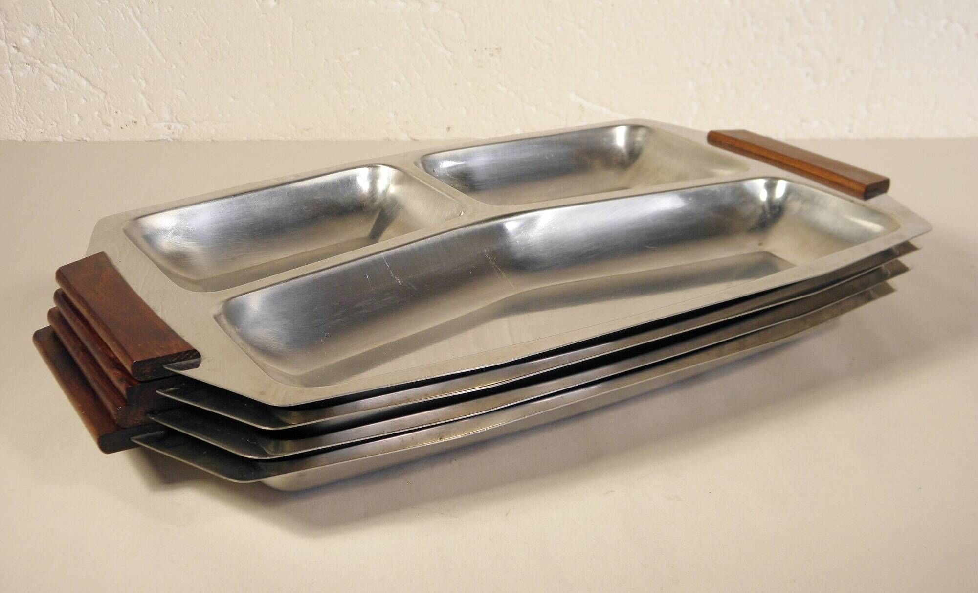 Set of 4 stainless steel and wood trays from the 70s