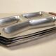 Set of 4 stainless steel and wood trays from the 70s
