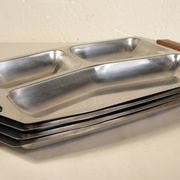 Set of 4 stainless steel and wood trays from the 70s