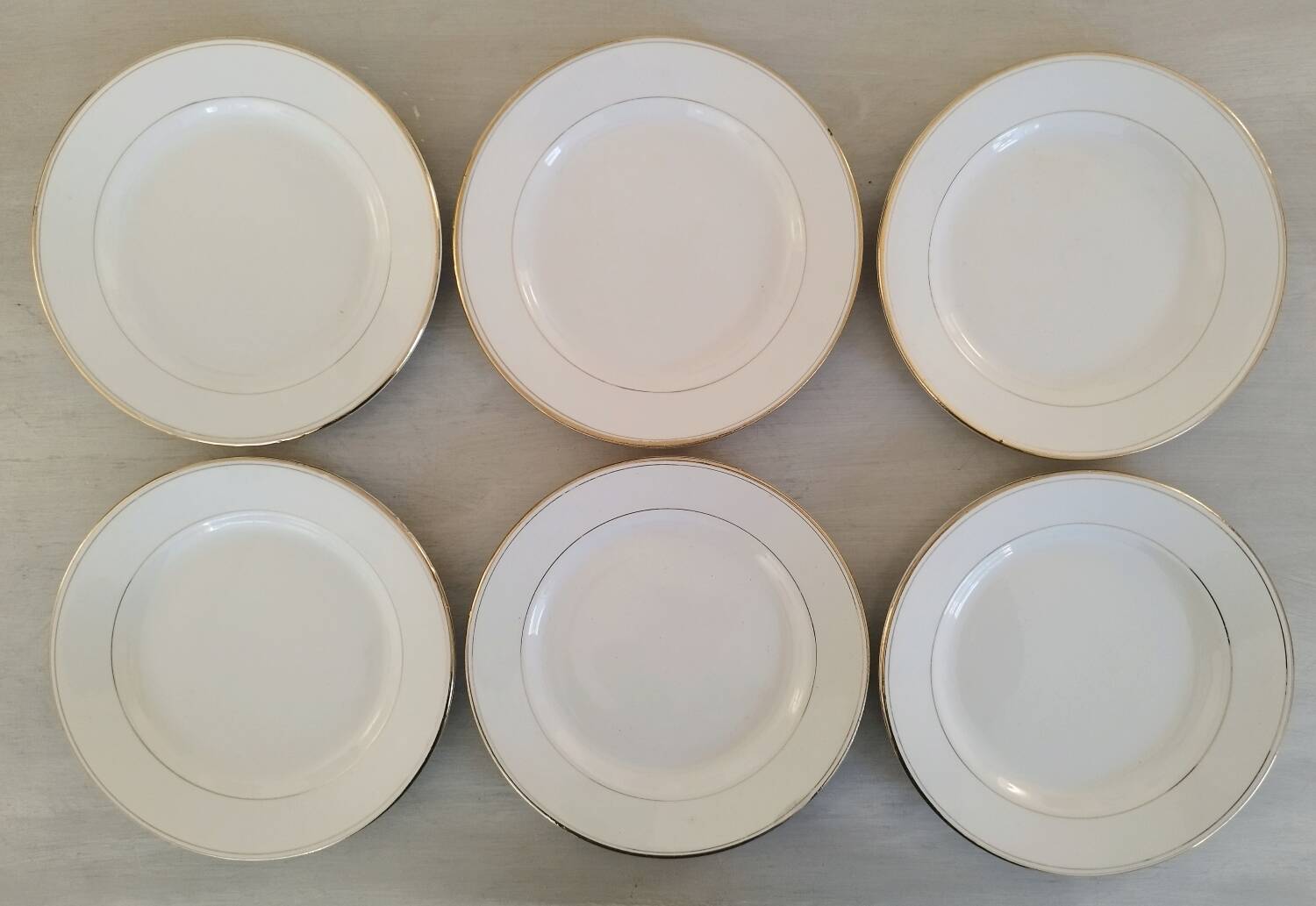 Old Earthenware Dinner Plates Hamage and Moulin des Loups White and Vintage Golden Fillet