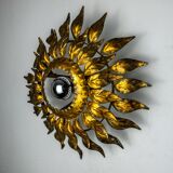 Sun wall lamp by ferro arte, metal and gold leaf, Spain, 1960