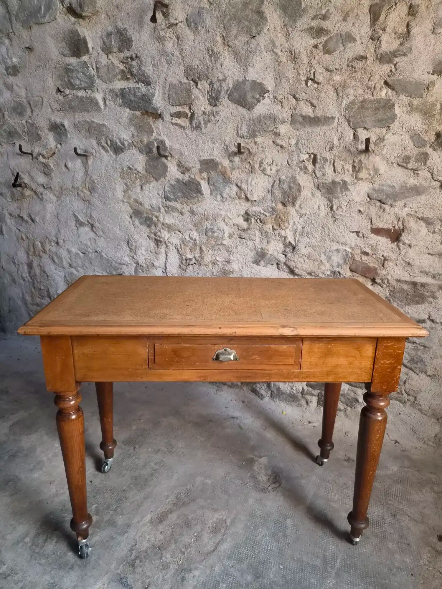 Vintage beech desk with a linoleum top and drawer.