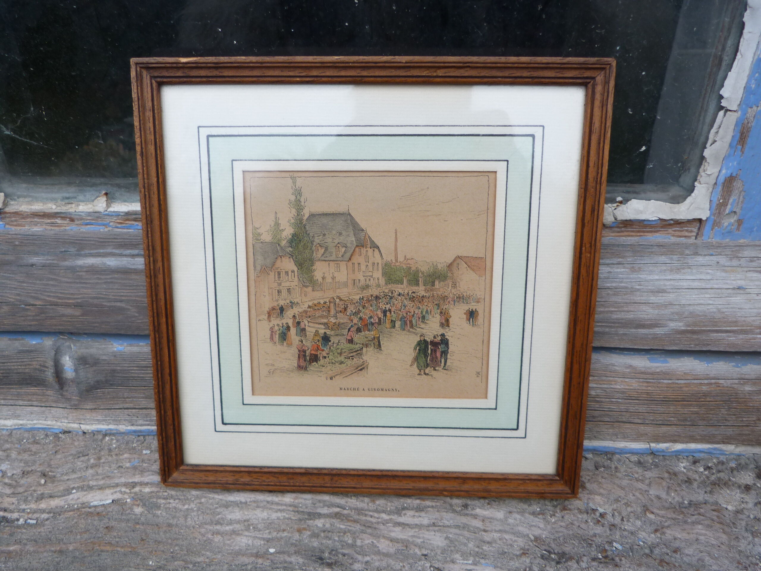 Enhanced watercolor engraving Giromagny market signed G.F