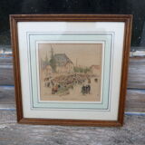 Enhanced watercolor engraving Giromagny market signed G.F