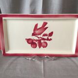 Cake dish bird pattern on its branch in red and white tones