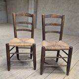 Pair of rustic country mountain straw chairs, old 1950s