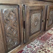 Vintage low sideboard in carved solid oak, Basque style.