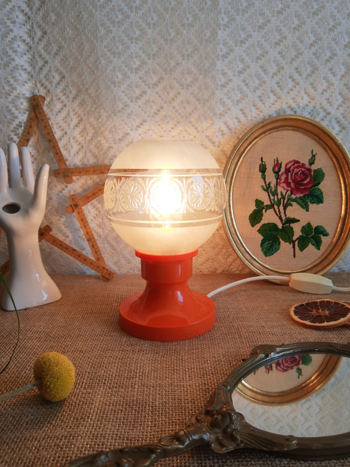 Retro orange table lamp and 70s glass globe
