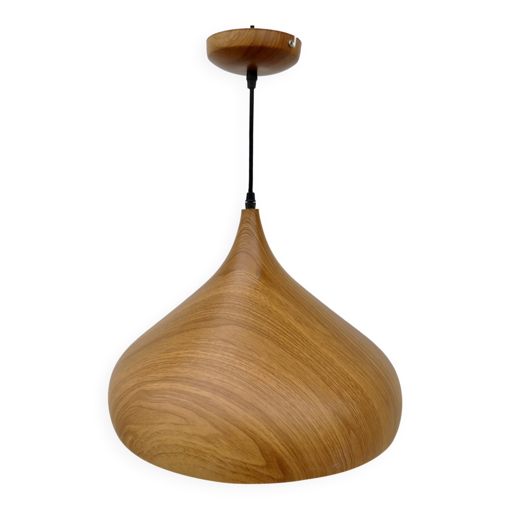Scandinavian metal pendant light with a faux wood finish, 1980s.