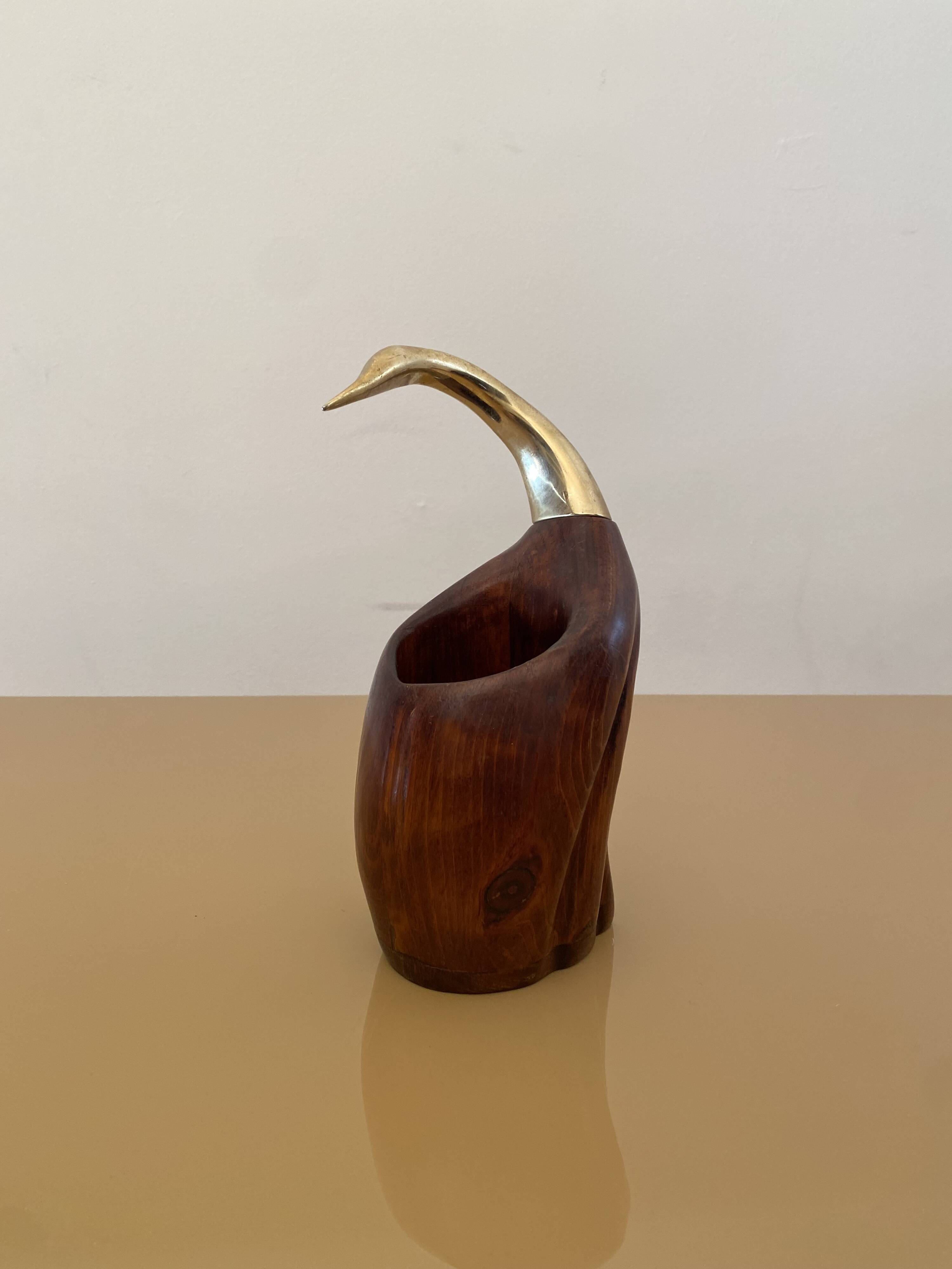 De Stijl Firenze Bottle Holder Wood Metal Brass Bird Sculpture 1970s