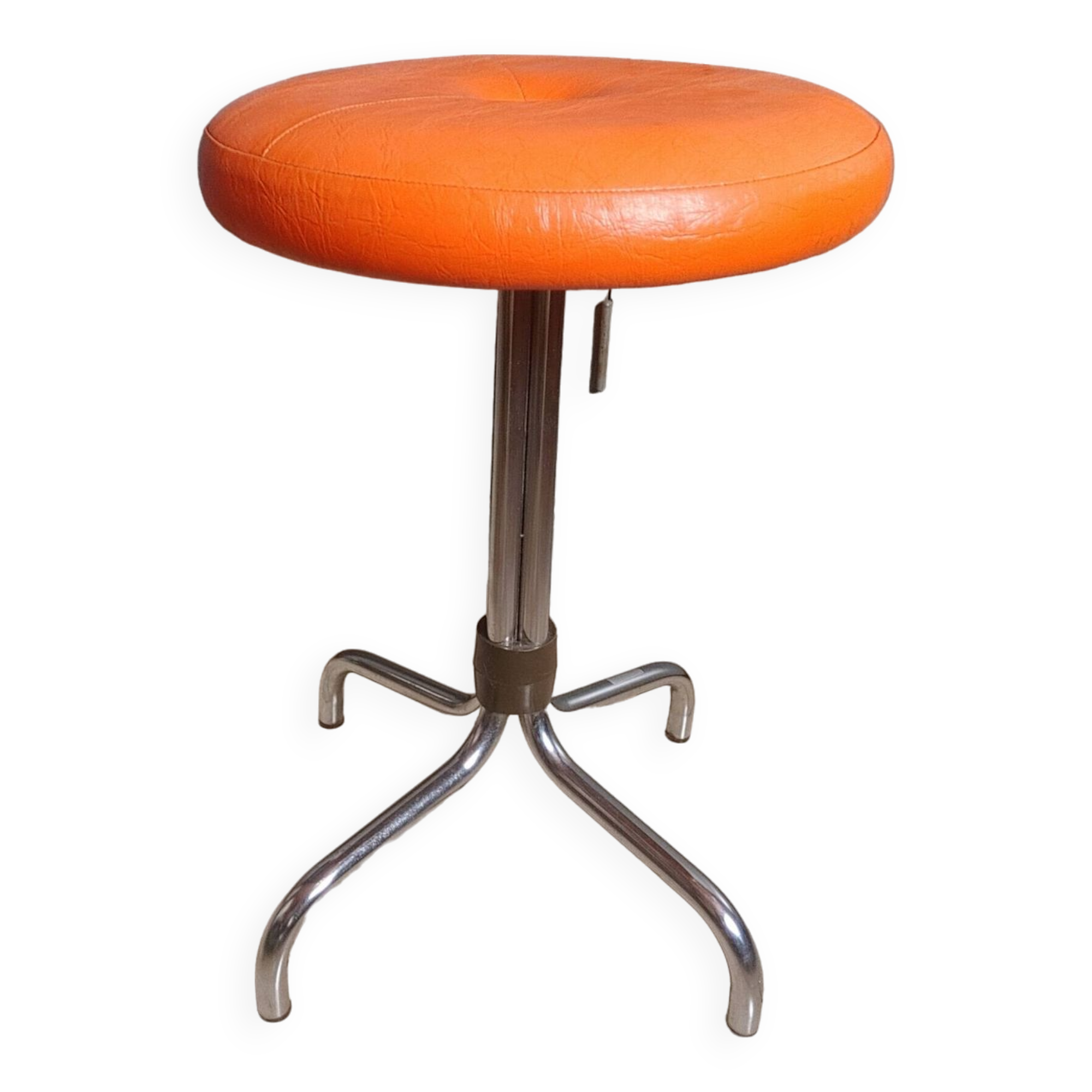 Vintage 70's rotating stool, chrome base, orange imitation leather seat