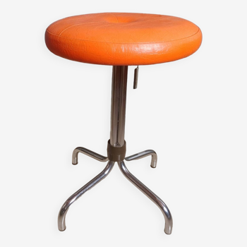 Tabouret tournant vintage 70's, piètement chromé, assise simili cuir orange