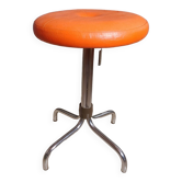 Tabouret tournant vintage 70's, piètement chromé, assise simili cuir orange