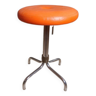 Vintage 70's rotating stool, chrome base, orange imitation leather seat