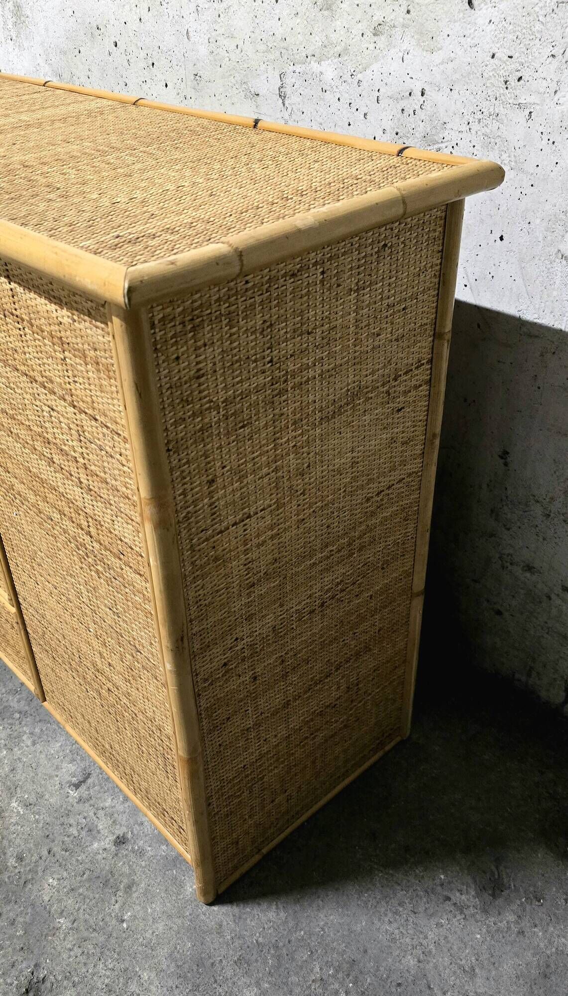 Vintage woven rattan and natural bamboo sideboard - Italy 1970s