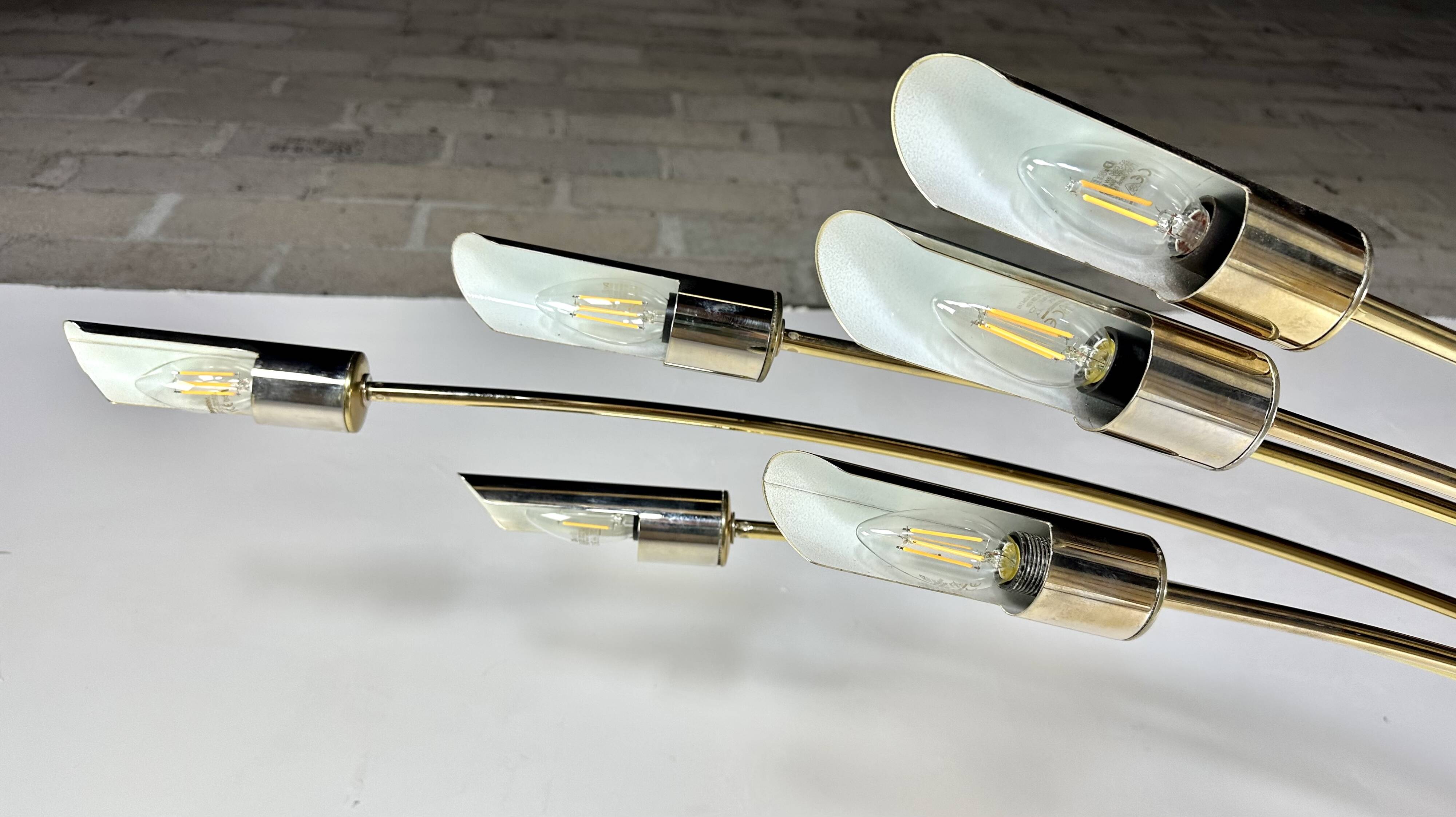 Italian Arc floor lamp with 6 lights in gold brass, 1970s.