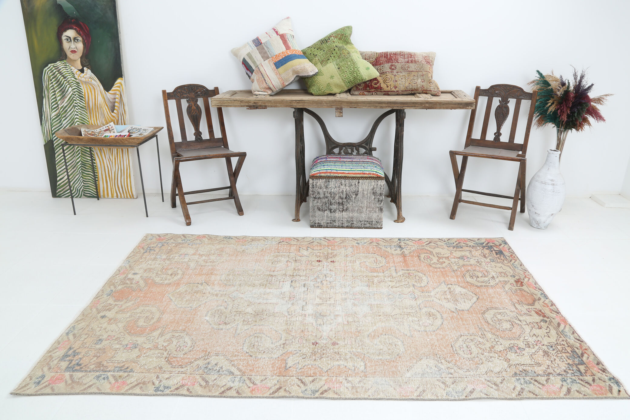 Soft Pastel Orange Wool Vintage Rug