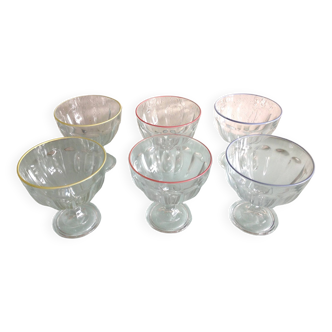 Set of six glass ice cream bowls with edging / vintage 70s