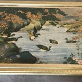 Old painting with a polychrome print decoration of ducks in nature.