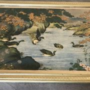 Old painting with a polychrome print decoration of ducks in nature.