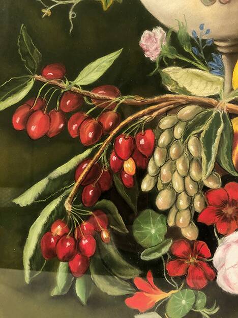 Large pastel signed Annie Faure, still life with flowers and fruits