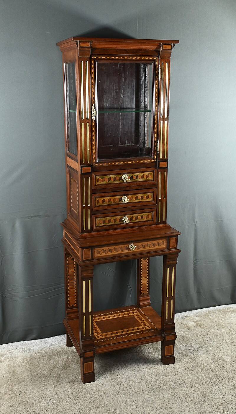 Rare small marquetry display cabinet, louis xvi style – mid 19th century