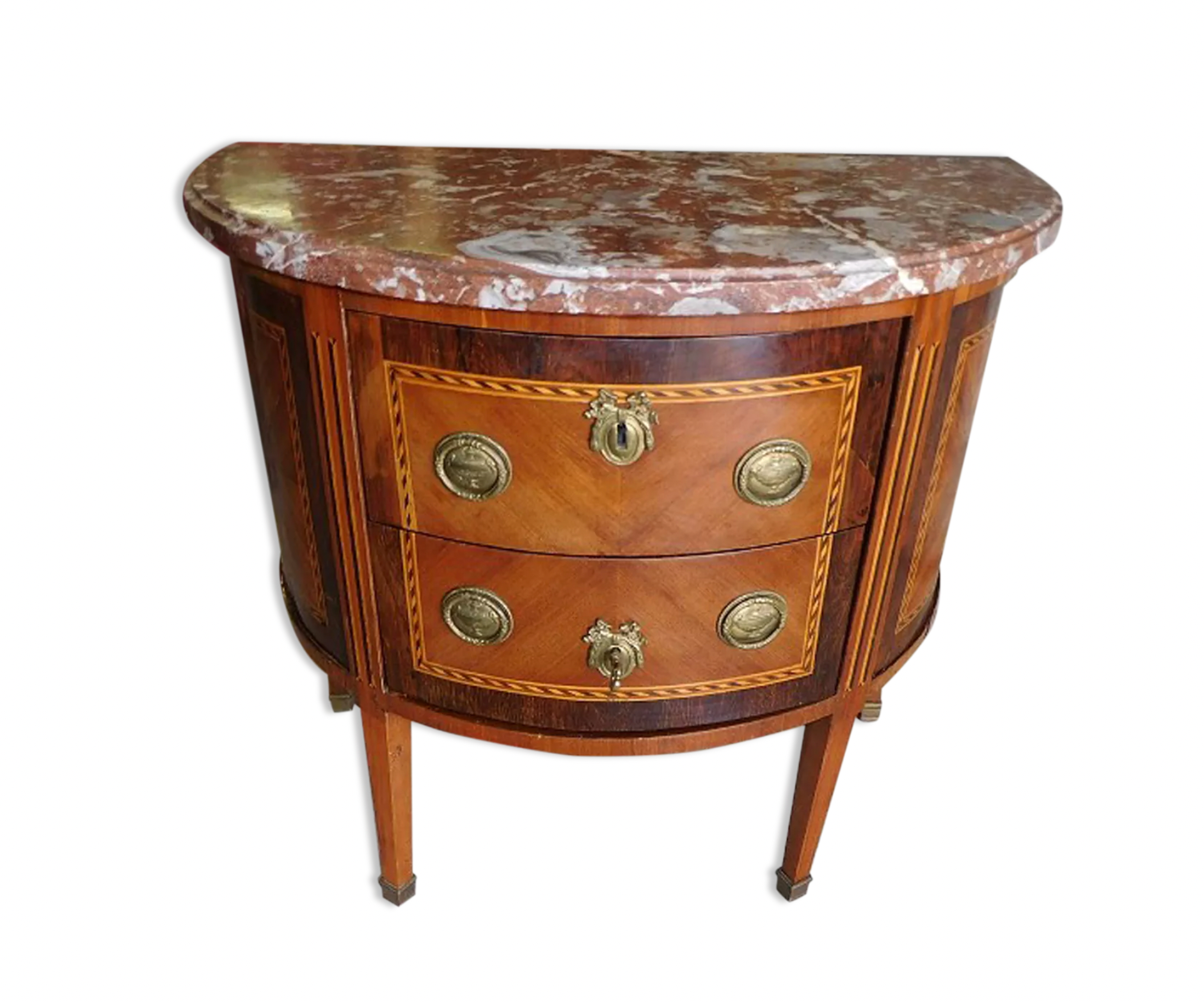 Chest of drawers half moon marquetry 2 drawers marble top late nineteenth century
