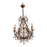 Vintage Italian 5 Arm Gilded Metal Chandelier Seed Bead & Pink Murano Drops