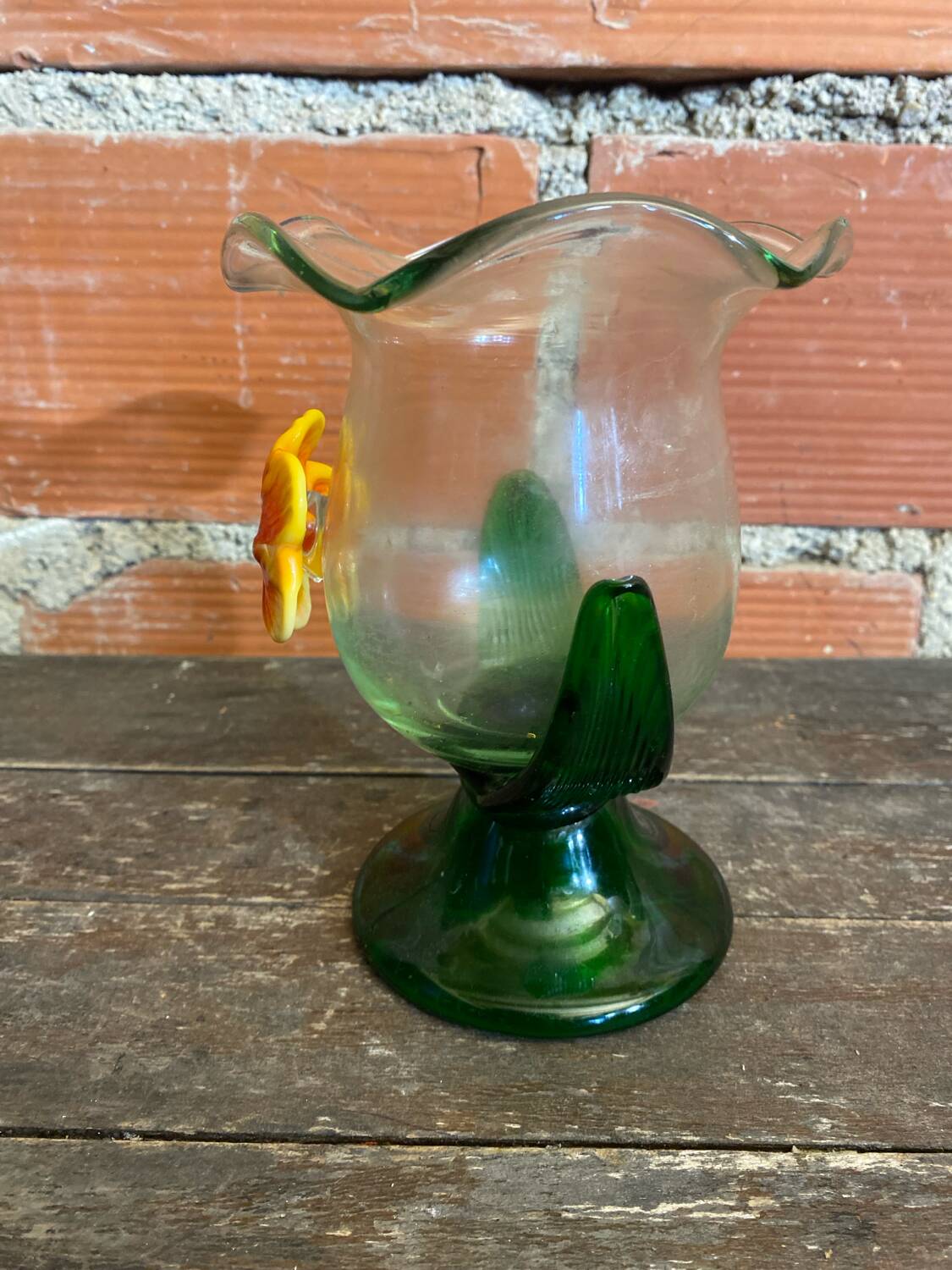 Vintage Murano Glass Vase with Orange and Yellow Flower Decoration, Italy