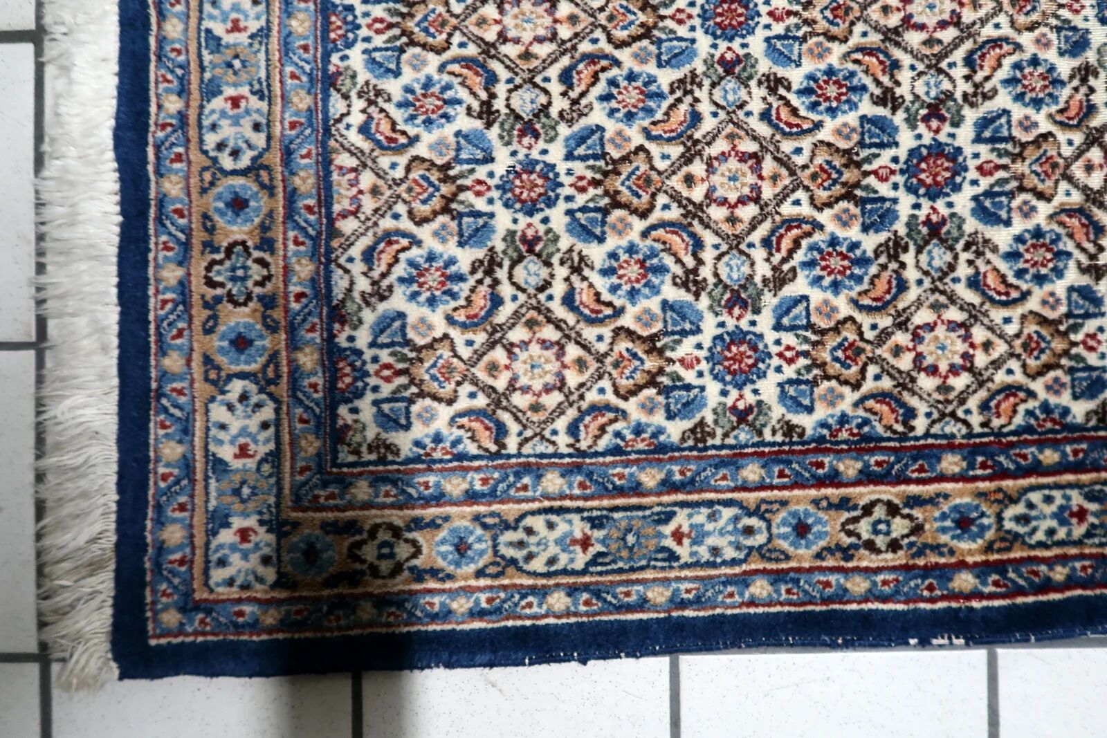 1950s handmade wool floral rug, ivory and blue, 98 × 145 cm