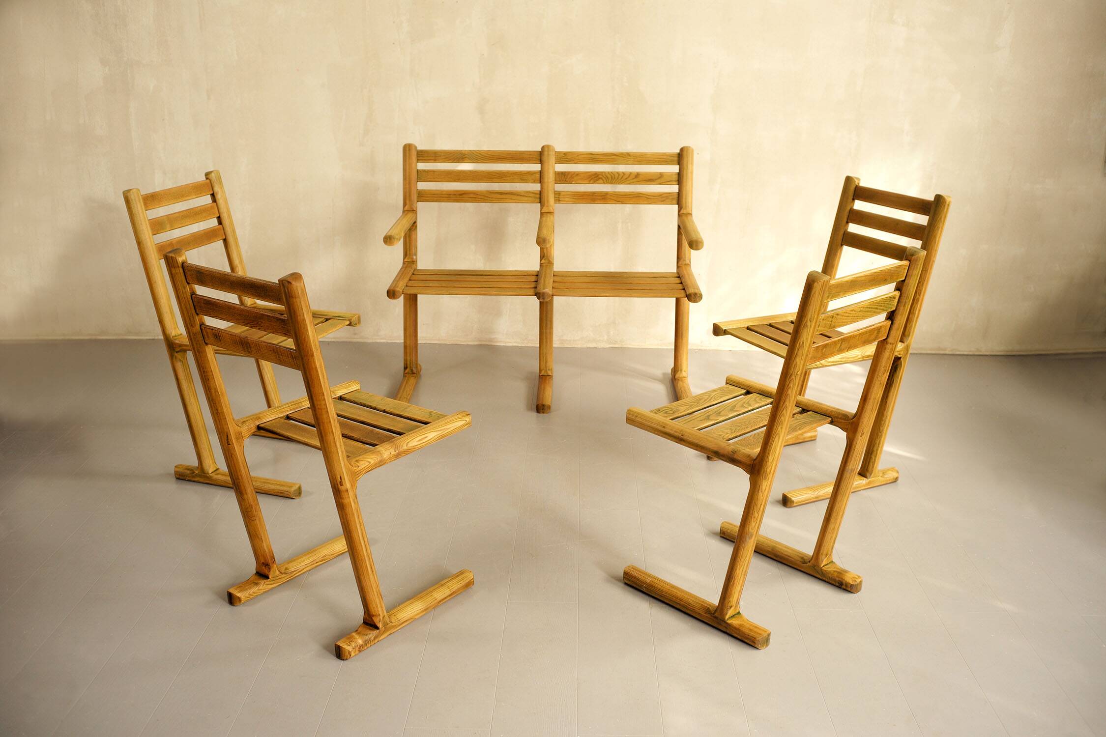Set of 4 chairs and a bench, France 1960