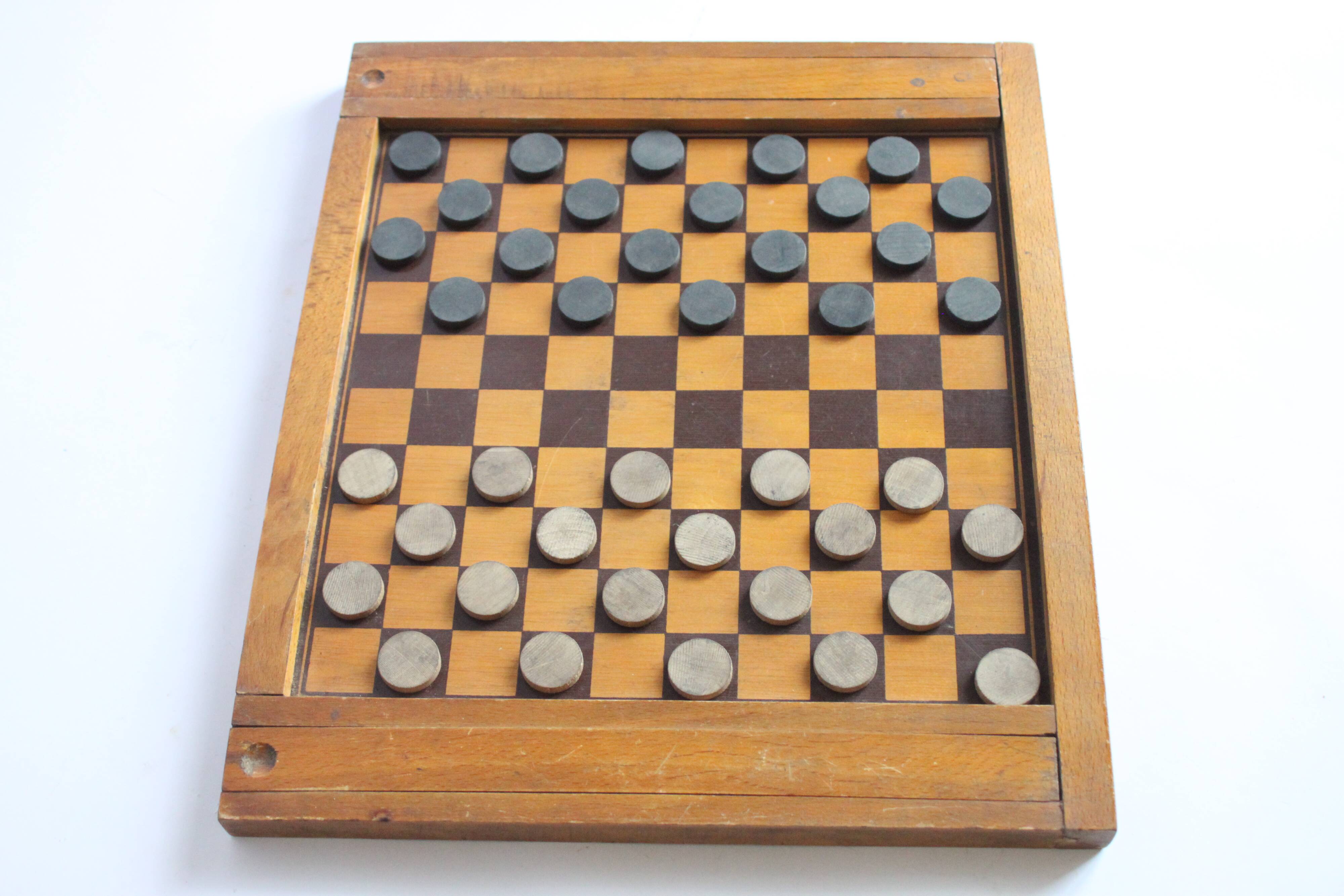 Antique wooden checkers and chess board, 1920s