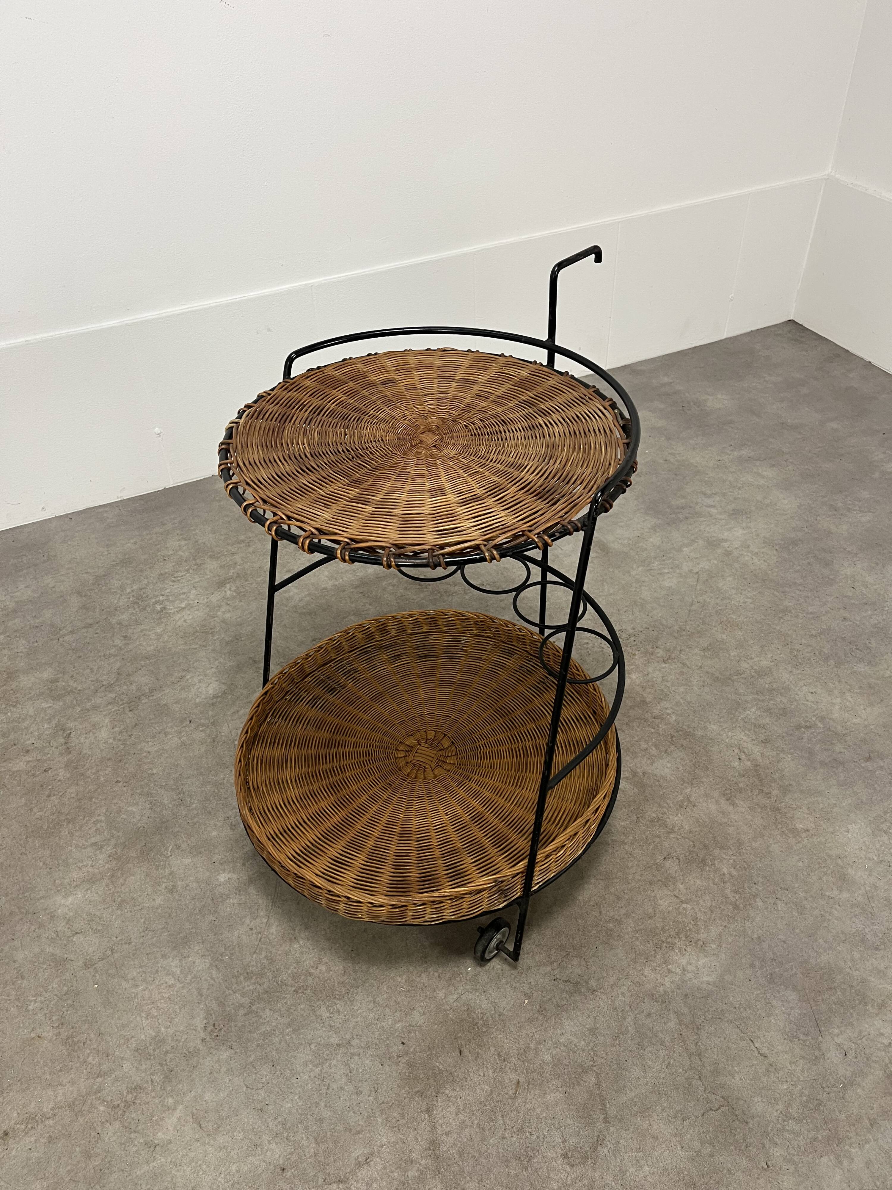 Raoul Guys style metal and rattan serving trolley from the 50s