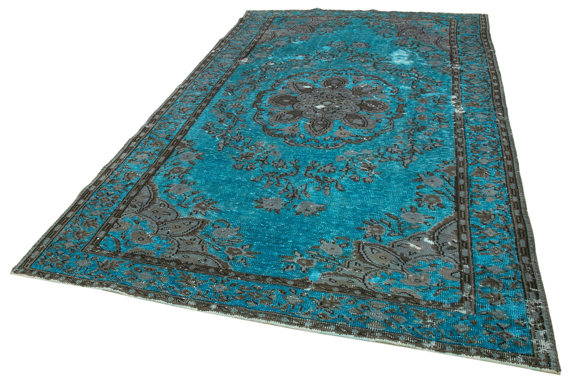 Hand-knotted distressed oriental 1970s 195 cm x 322 cm turquoise carpet