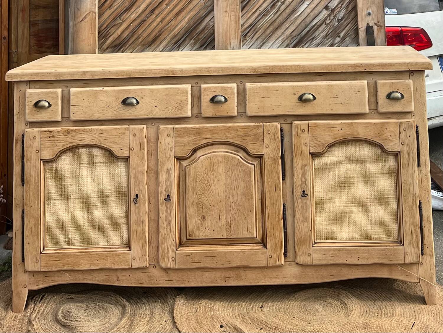 Antique enfilade / solid raw oak sideboard with caning