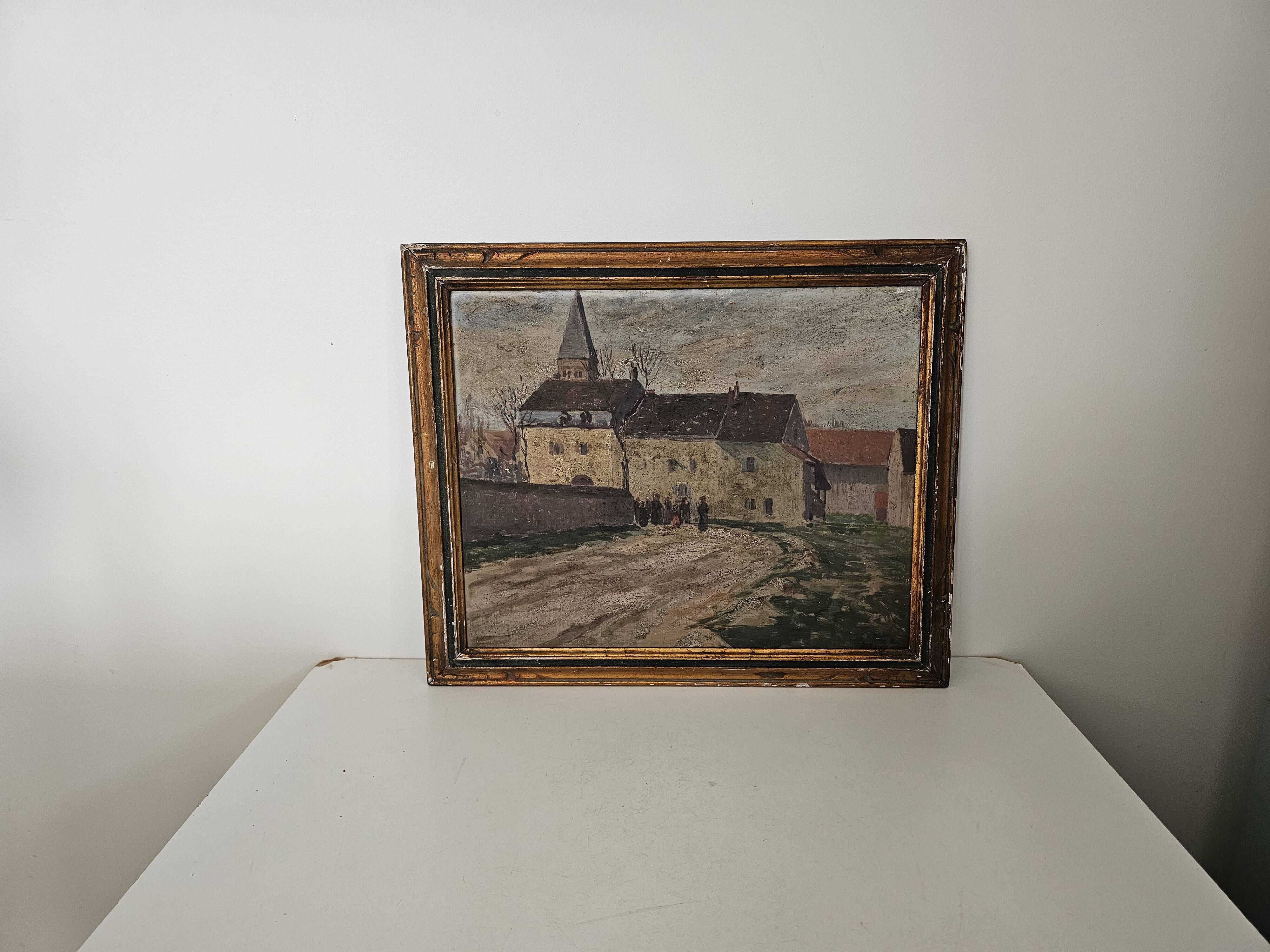 Oil on Panel Painting Animated Landscape Village Signed Gaëtan MONTAGNEY 1888