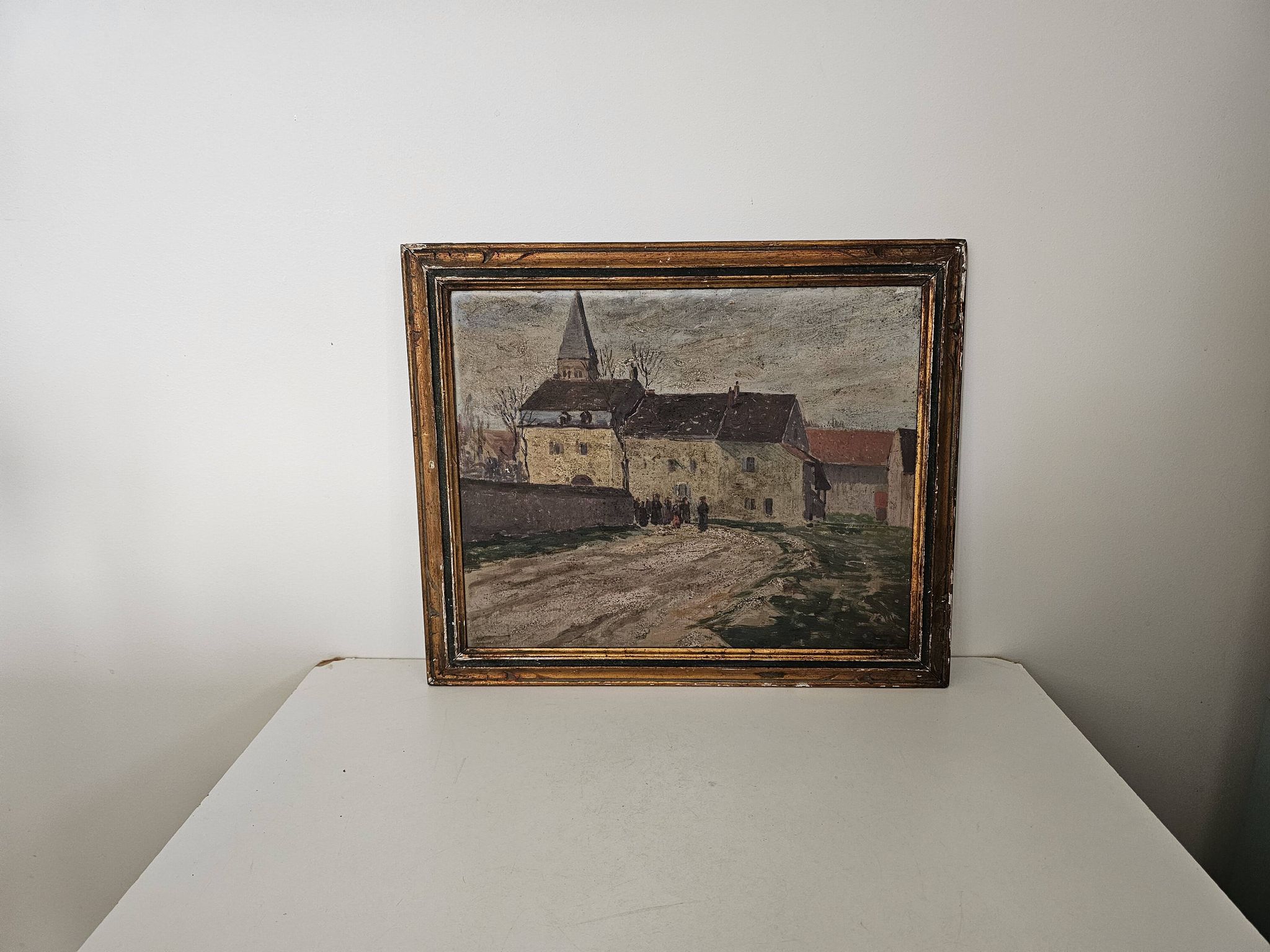 Oil on Panel Painting Animated Landscape Village Signed Gaëtan MONTAGNEY 1888