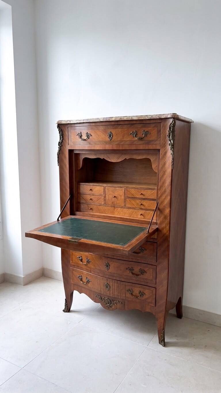 Louis XV secretary in marquetry wood and marble