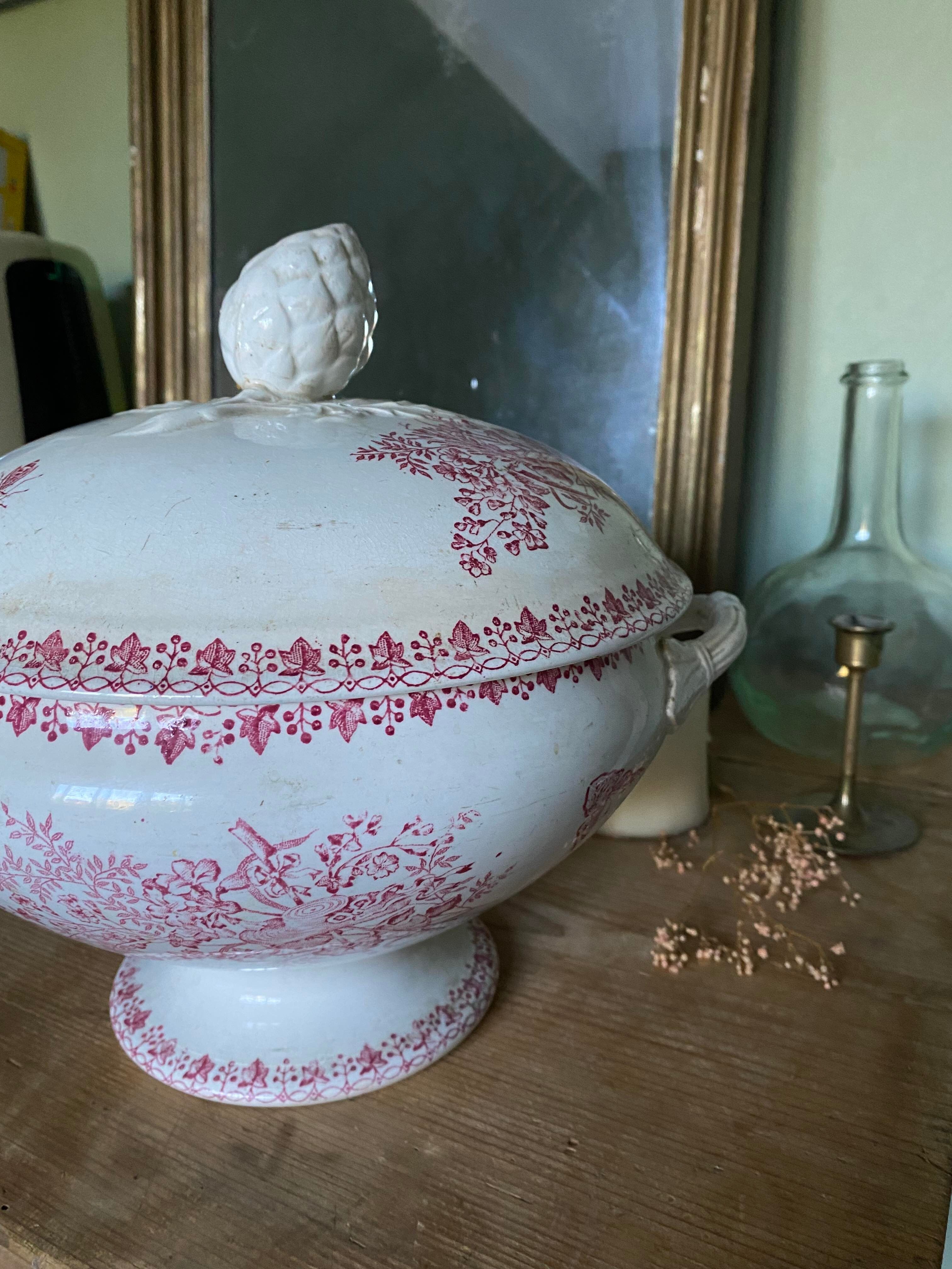 Pink ironstone soup tureen with rustic motif, floral butterflies and bees