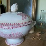 Pink ironstone soup tureen with rustic motif, floral butterflies and bees