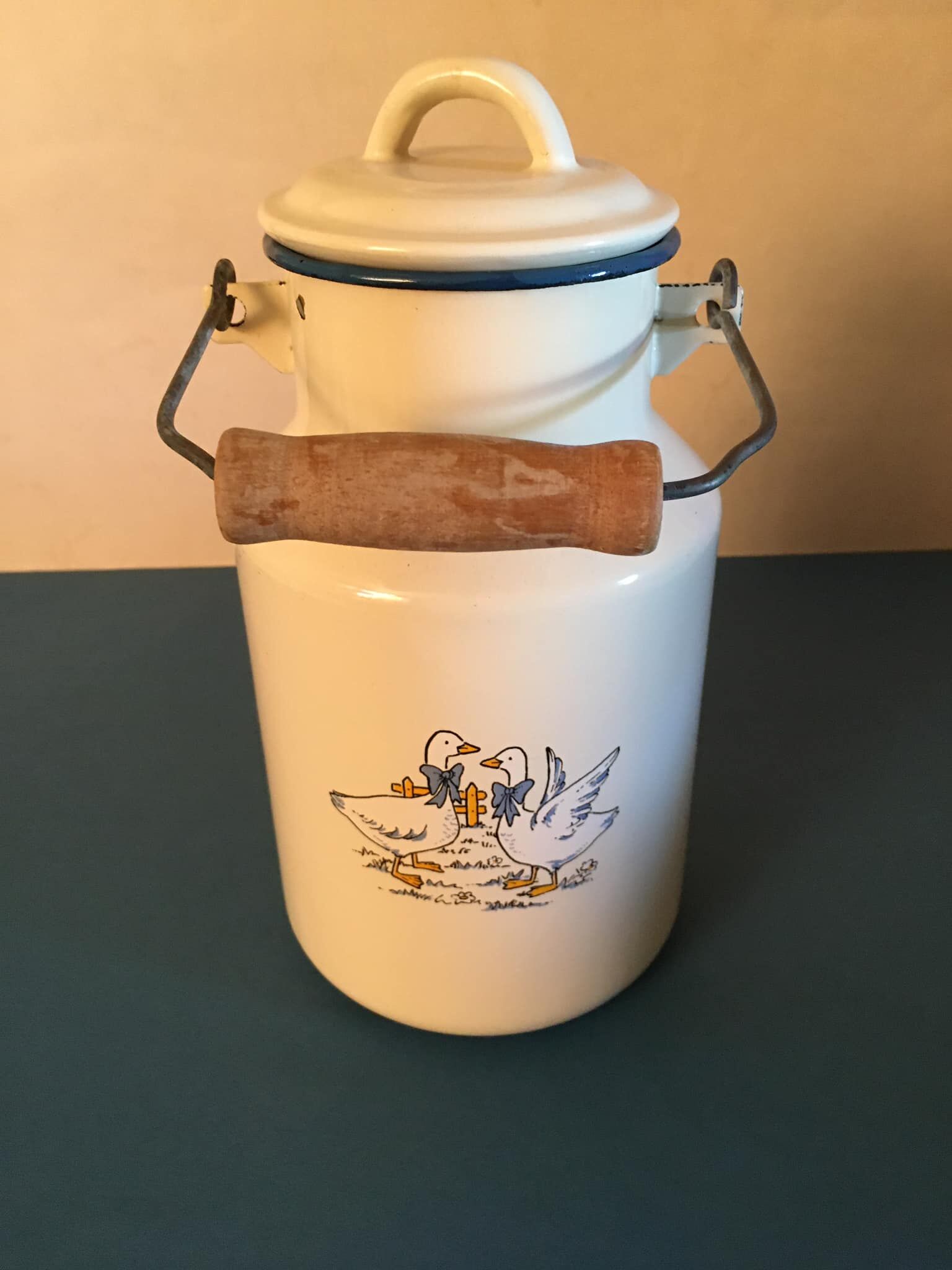 Enamelled milk jar retro style ecru color with "goose" patterns. Wooden handle.