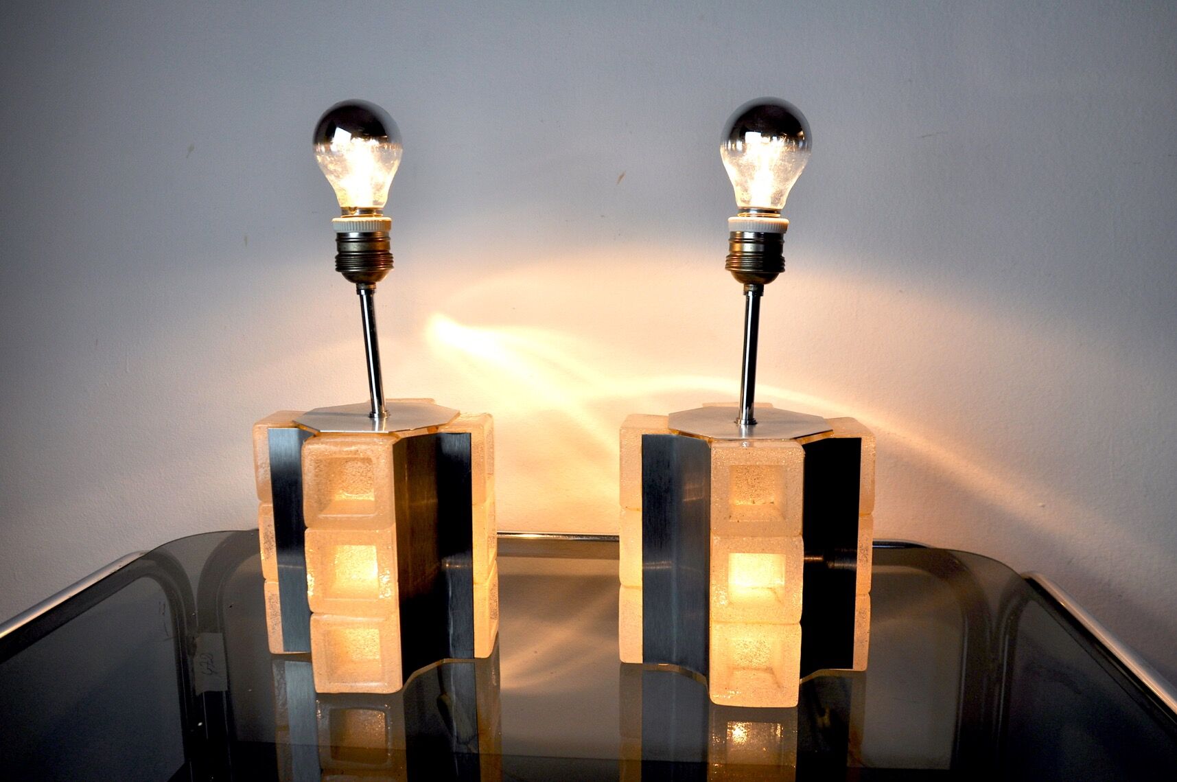 Pair of Poliarte Cubic lamps by Albano Poli, murano glass, Italy, 1960